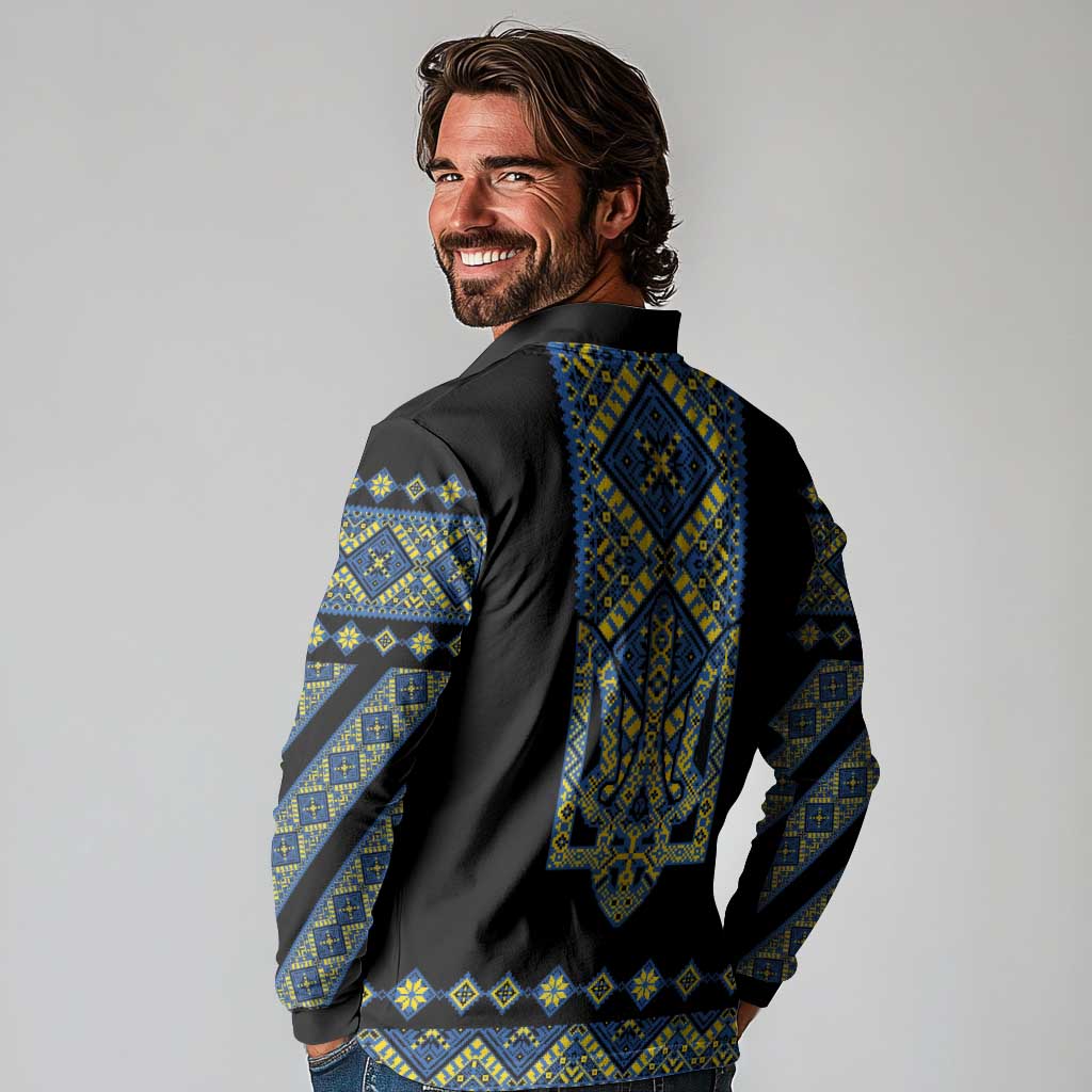 Ukraine Bandura Vyshyvanka Pattern Long Sleeve Polo Shirt Ukrainian Heritage Folk Black Version - Wonder Print Shop