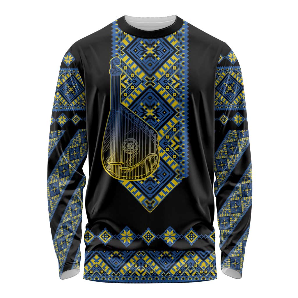 Ukraine Bandura Vyshyvanka Pattern Long Sleeve Shirt Ukrainian Heritage Folk Black Version - Wonder Print Shop