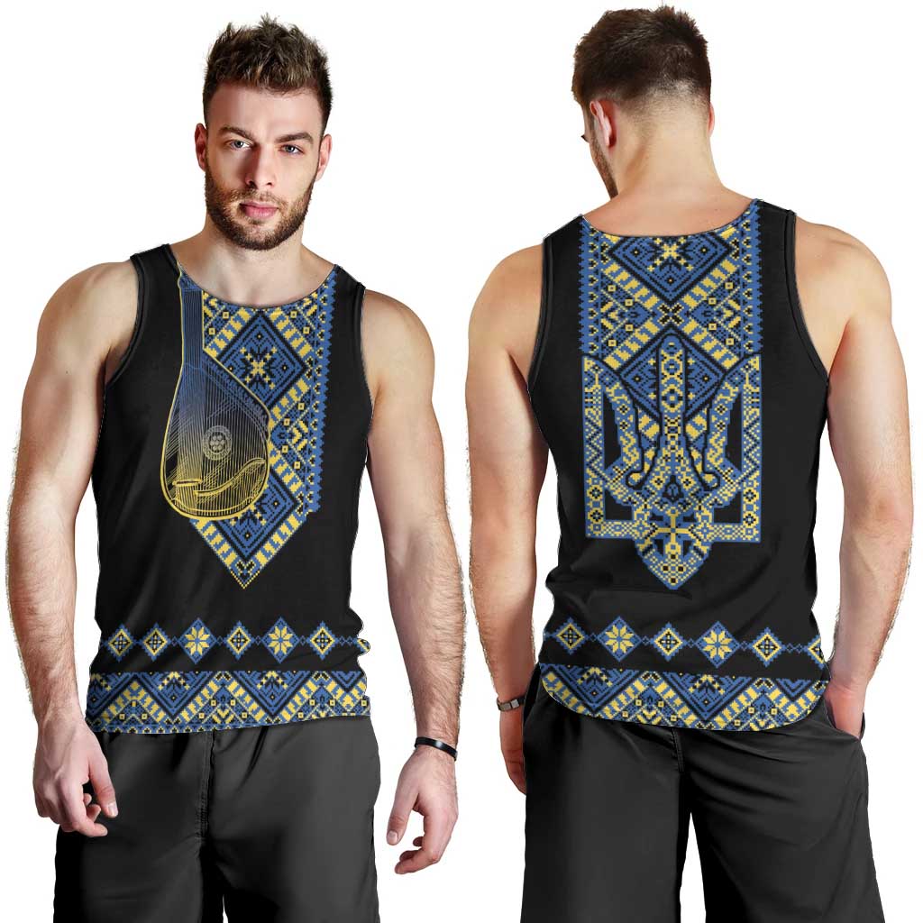 Ukraine Bandura Vyshyvanka Pattern Men Tank Top Ukrainian Heritage Folk Black Version - Wonder Print Shop