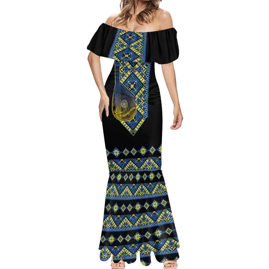Ukraine Bandura Vyshyvanka Pattern Mermaid Dress Ukrainian Heritage Folk Black Version - Wonder Print Shop