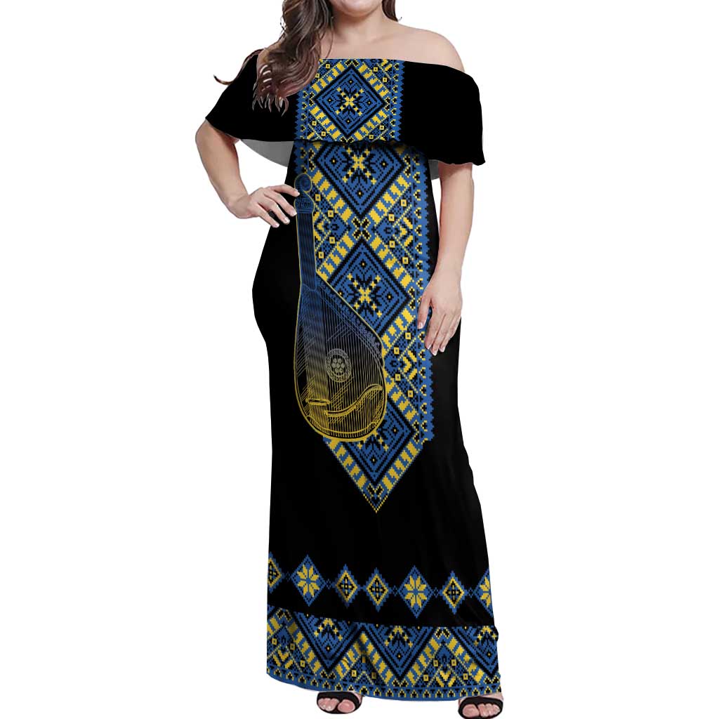 Ukraine Bandura Vyshyvanka Pattern Off Shoulder Maxi Dress Ukrainian Heritage Folk Black Version - Wonder Print Shop