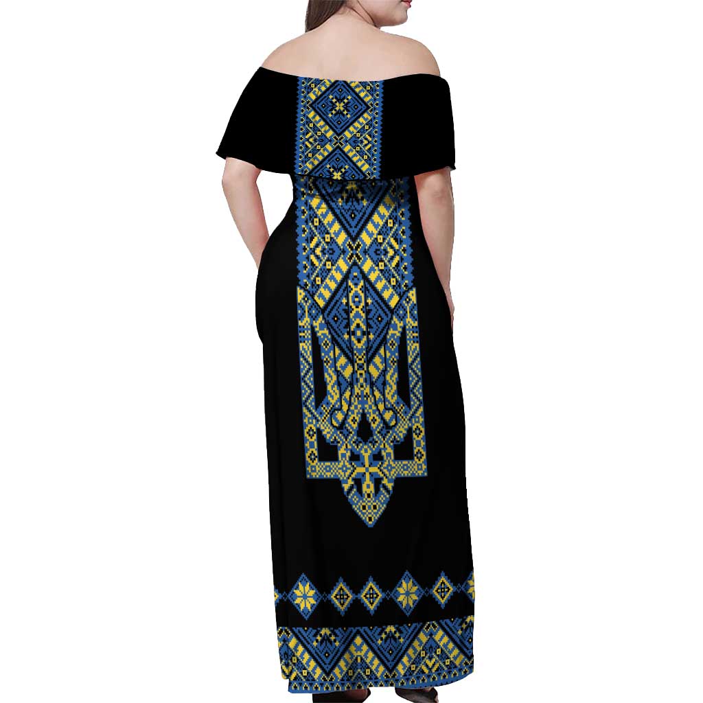 Ukraine Bandura Vyshyvanka Pattern Off Shoulder Maxi Dress Ukrainian Heritage Folk Black Version - Wonder Print Shop