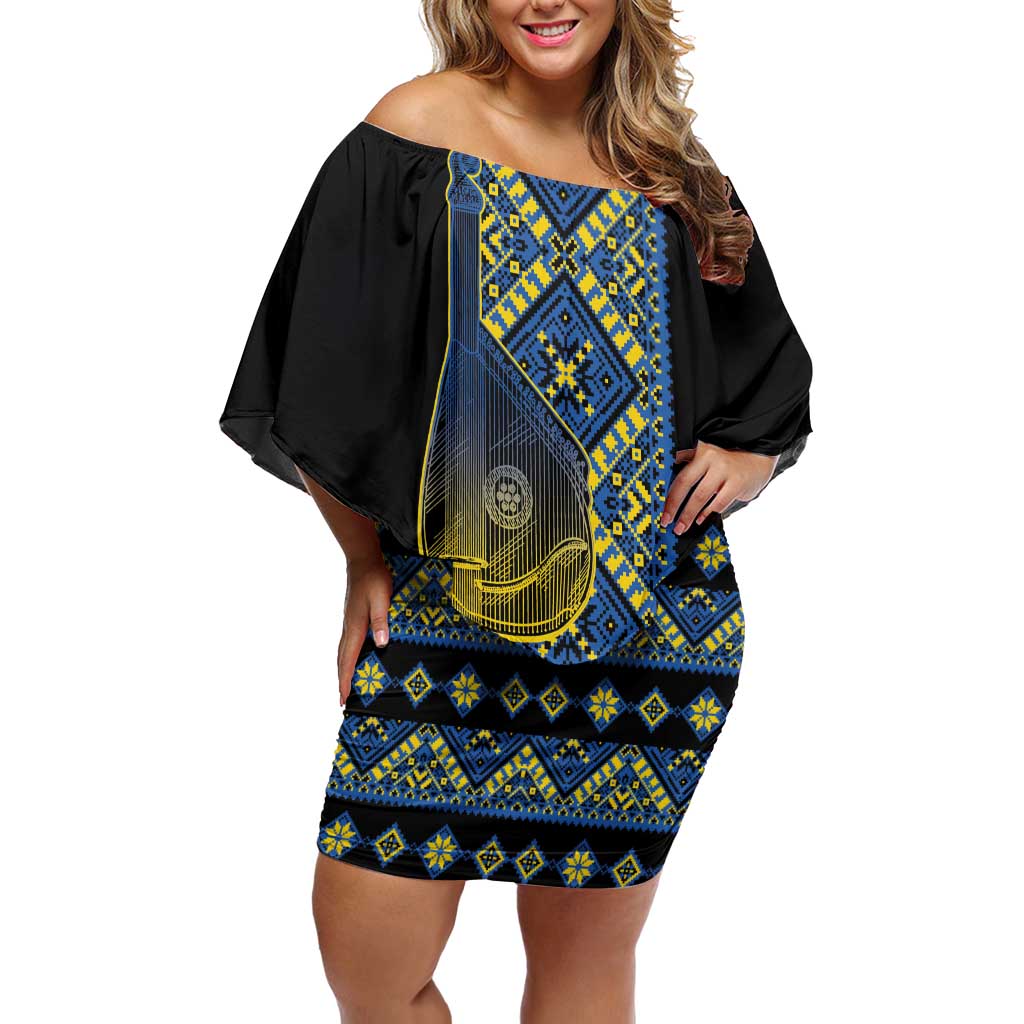 Ukraine Bandura Vyshyvanka Pattern Off Shoulder Short Dress Ukrainian Heritage Folk Black Version - Wonder Print Shop