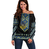 Ukraine Bandura Vyshyvanka Pattern Off Shoulder Sweater Ukrainian Heritage Folk Black Version - Wonder Print Shop