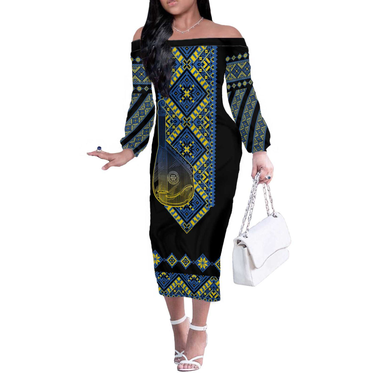 Ukraine Bandura Vyshyvanka Pattern Off The Shoulder Long Sleeve Dress Ukrainian Heritage Folk Black Version - Wonder Print Shop