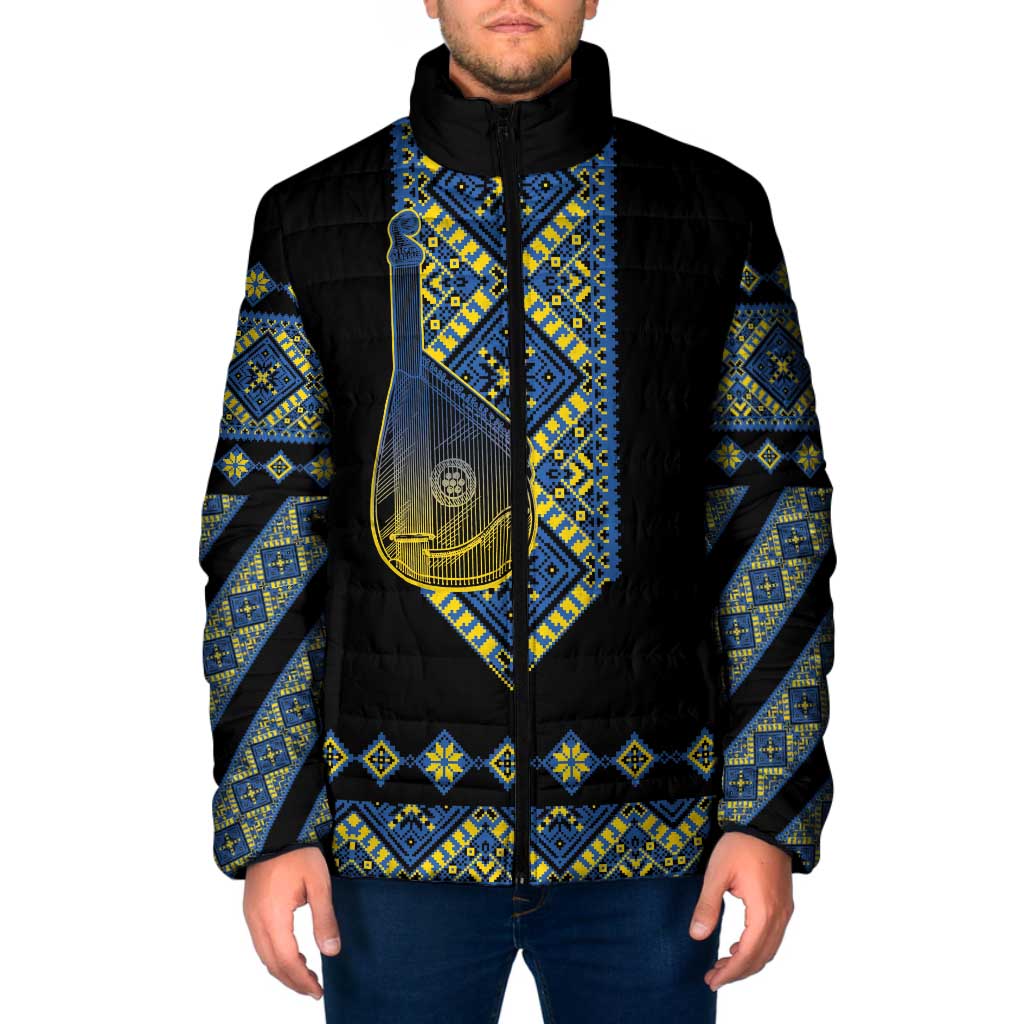 Ukraine Bandura Vyshyvanka Pattern Padded Jacket Ukrainian Heritage Folk Black Version - Wonder Print Shop