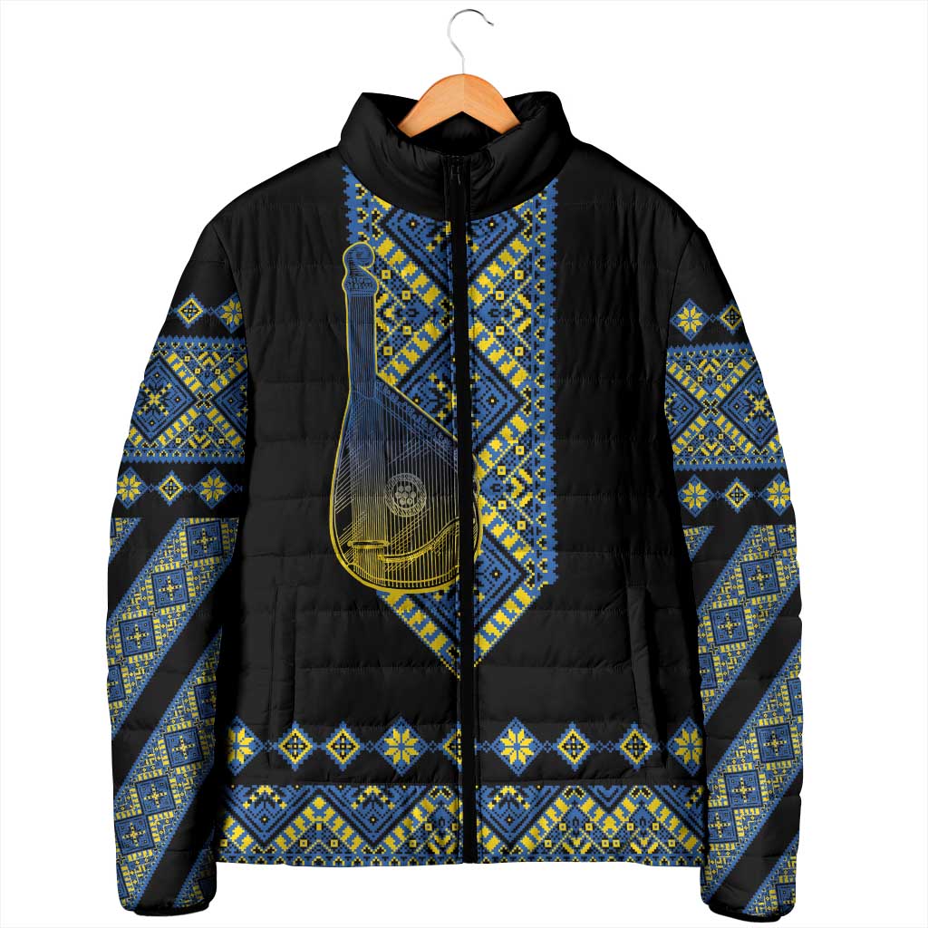 Ukraine Bandura Vyshyvanka Pattern Padded Jacket Ukrainian Heritage Folk Black Version - Wonder Print Shop