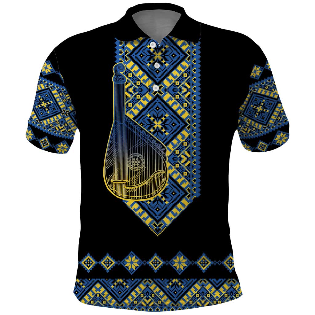 Ukraine Bandura Vyshyvanka Pattern Polo Shirt Ukrainian Heritage Folk Black Version - Wonder Print Shop