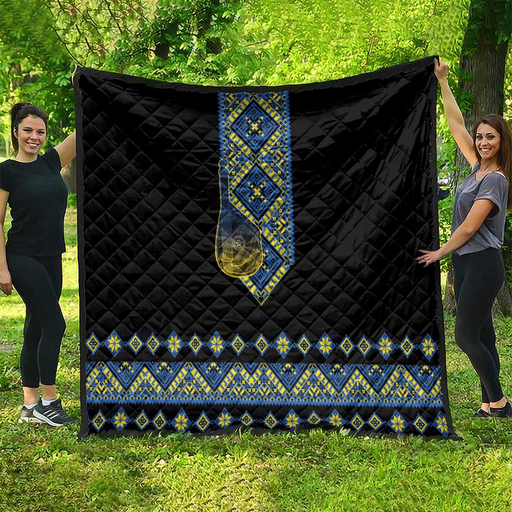 Ukraine Bandura Vyshyvanka Pattern Quilt Ukrainian Heritage Folk Black Version - Wonder Print Shop