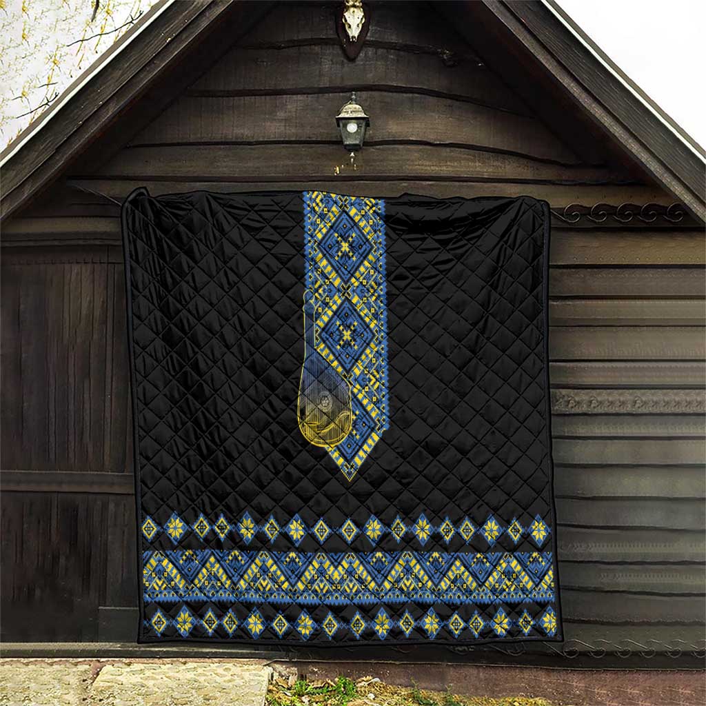 Ukraine Bandura Vyshyvanka Pattern Quilt Ukrainian Heritage Folk Black Version - Wonder Print Shop
