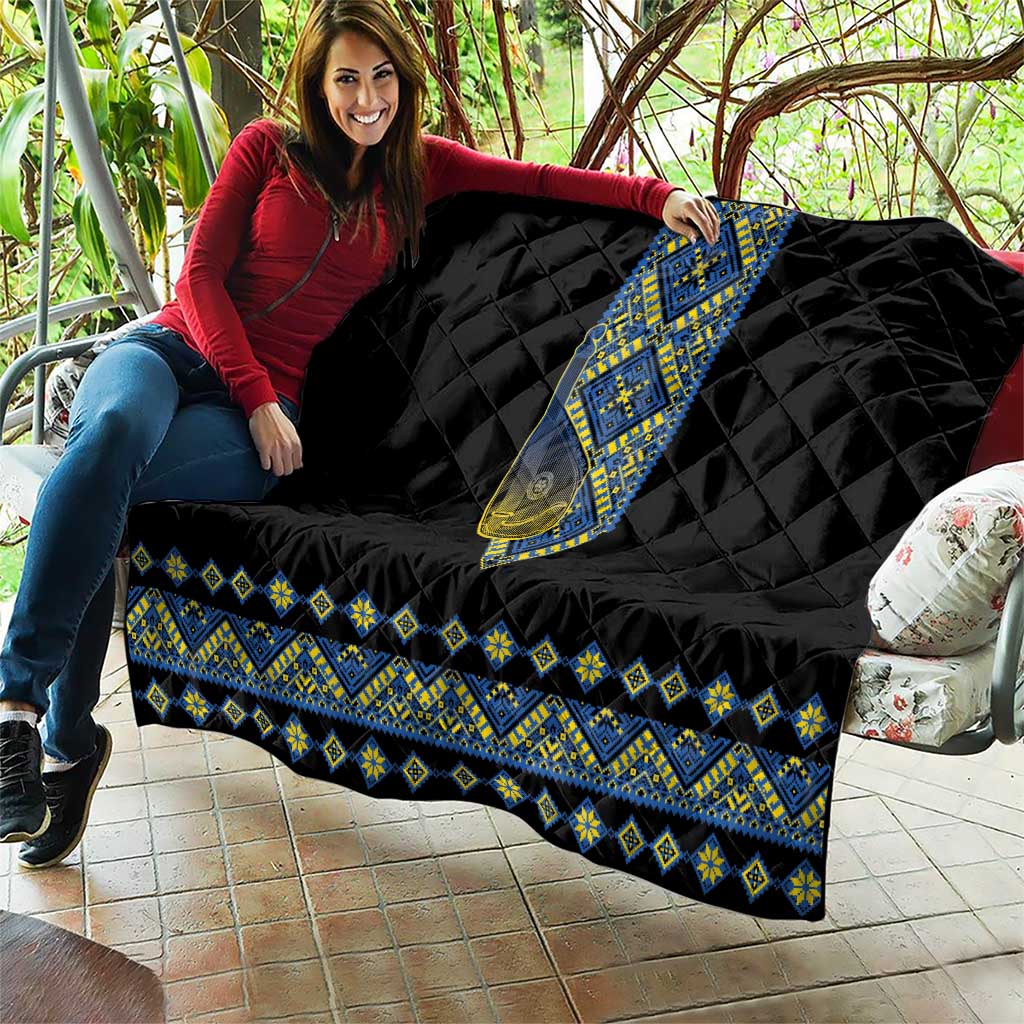 Ukraine Bandura Vyshyvanka Pattern Quilt Ukrainian Heritage Folk Black Version - Wonder Print Shop