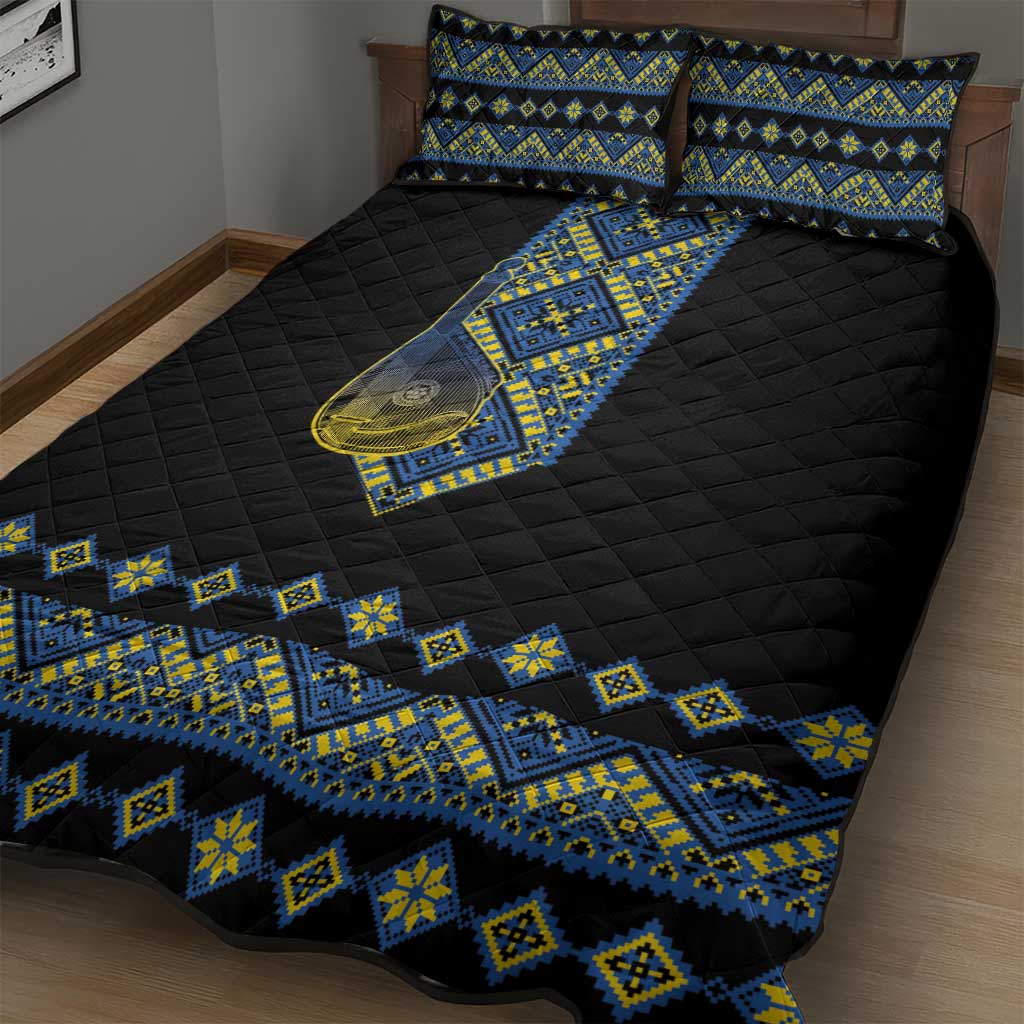 Ukraine Bandura Vyshyvanka Pattern Quilt Bed Set Ukrainian Heritage Folk Black Version - Wonder Print Shop