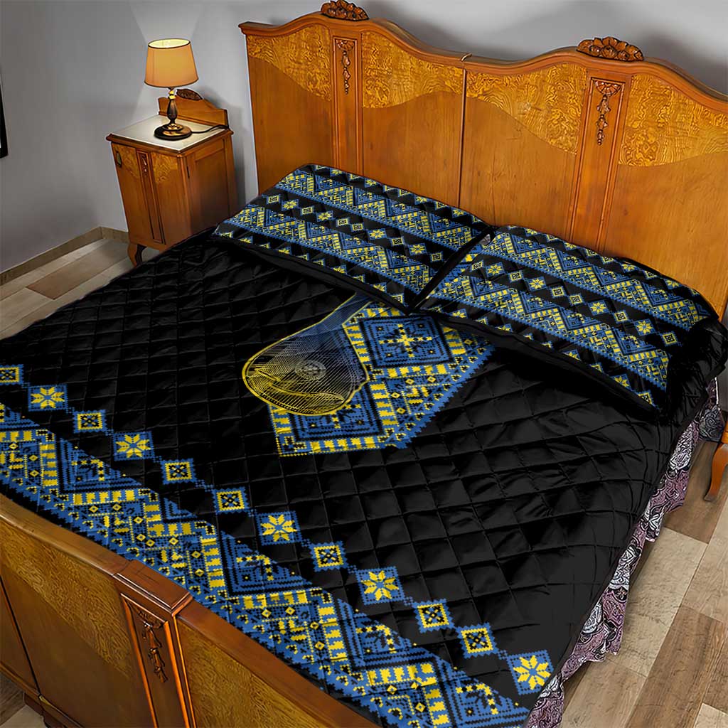 Ukraine Bandura Vyshyvanka Pattern Quilt Bed Set Ukrainian Heritage Folk Black Version - Wonder Print Shop