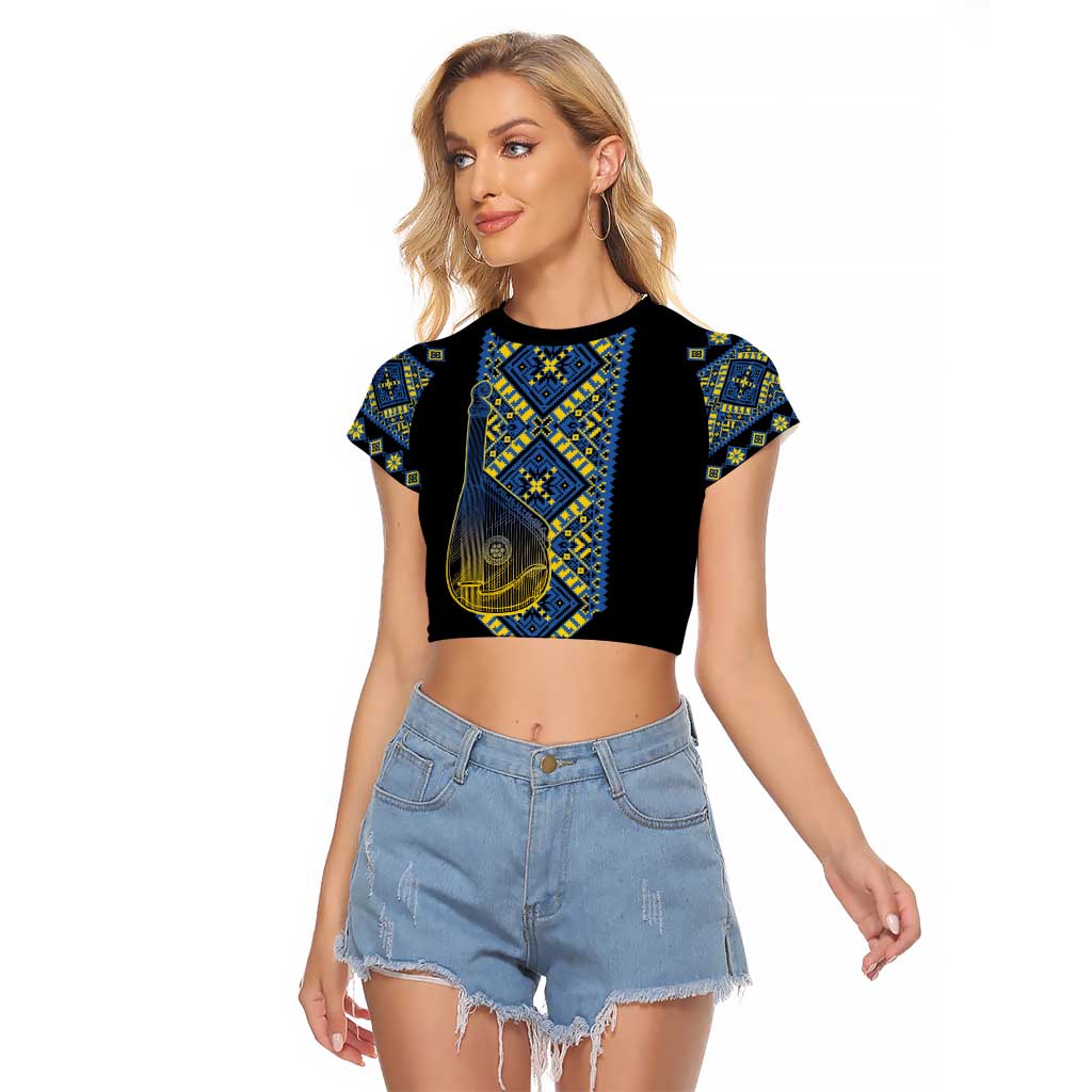 Ukraine Bandura Vyshyvanka Pattern Raglan Cropped T Shirt Ukrainian Heritage Folk Black Version - Wonder Print Shop