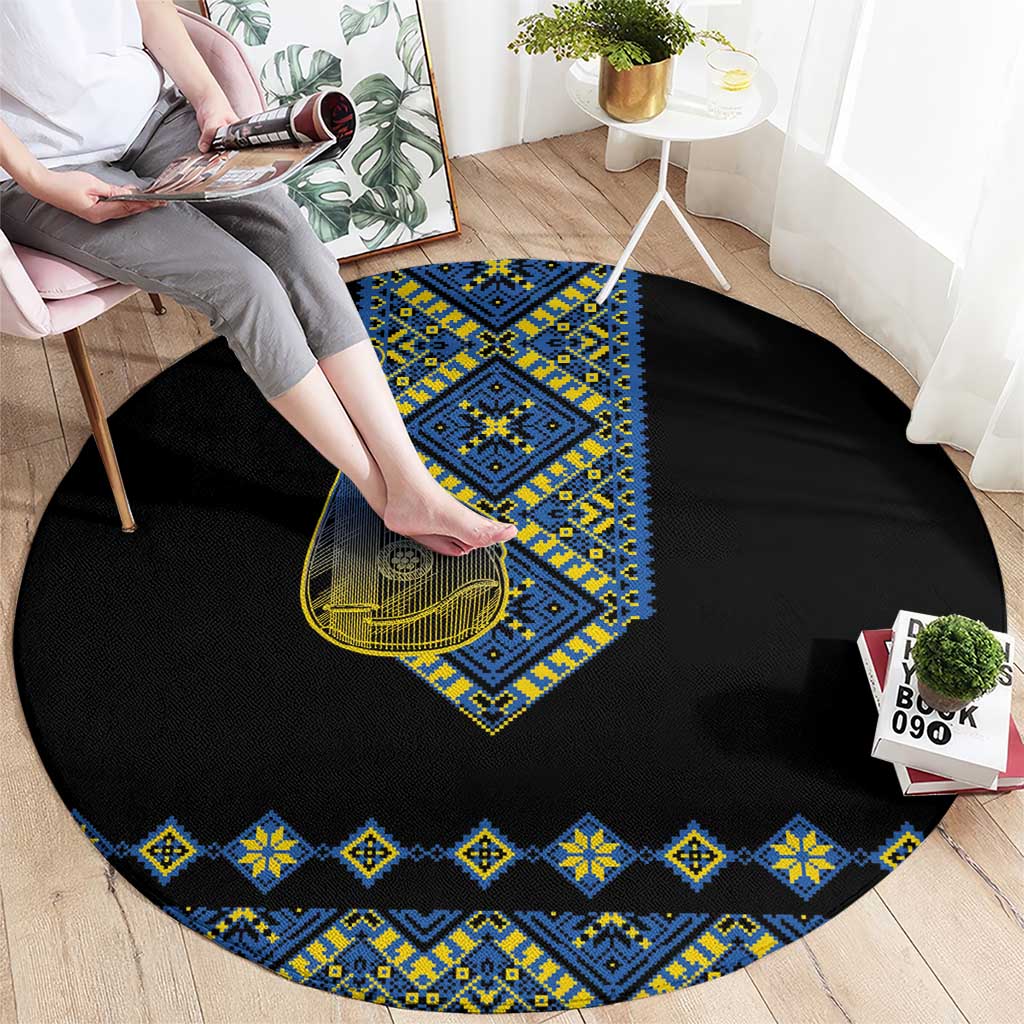Ukraine Bandura Vyshyvanka Pattern Round Carpet Ukrainian Heritage Folk Black Version - Wonder Print Shop