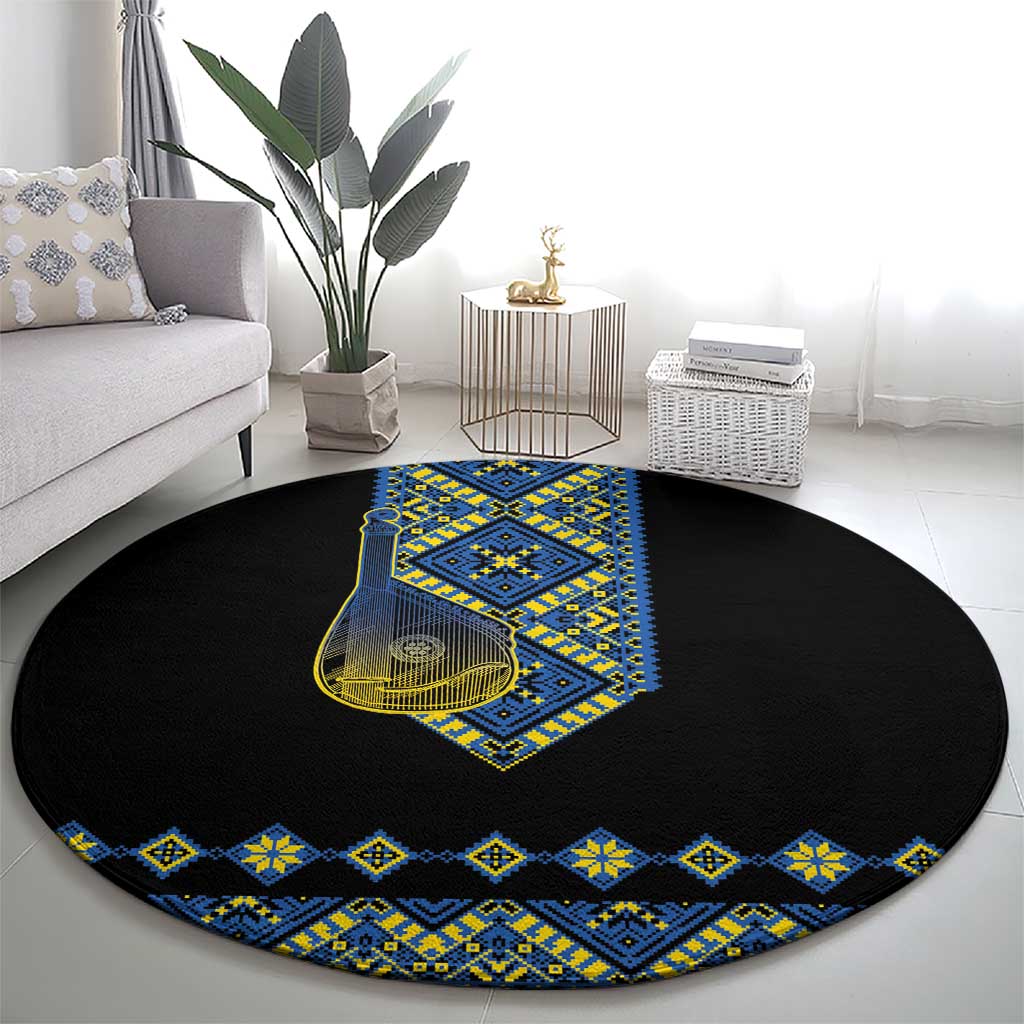 Ukraine Bandura Vyshyvanka Pattern Round Carpet Ukrainian Heritage Folk Black Version - Wonder Print Shop