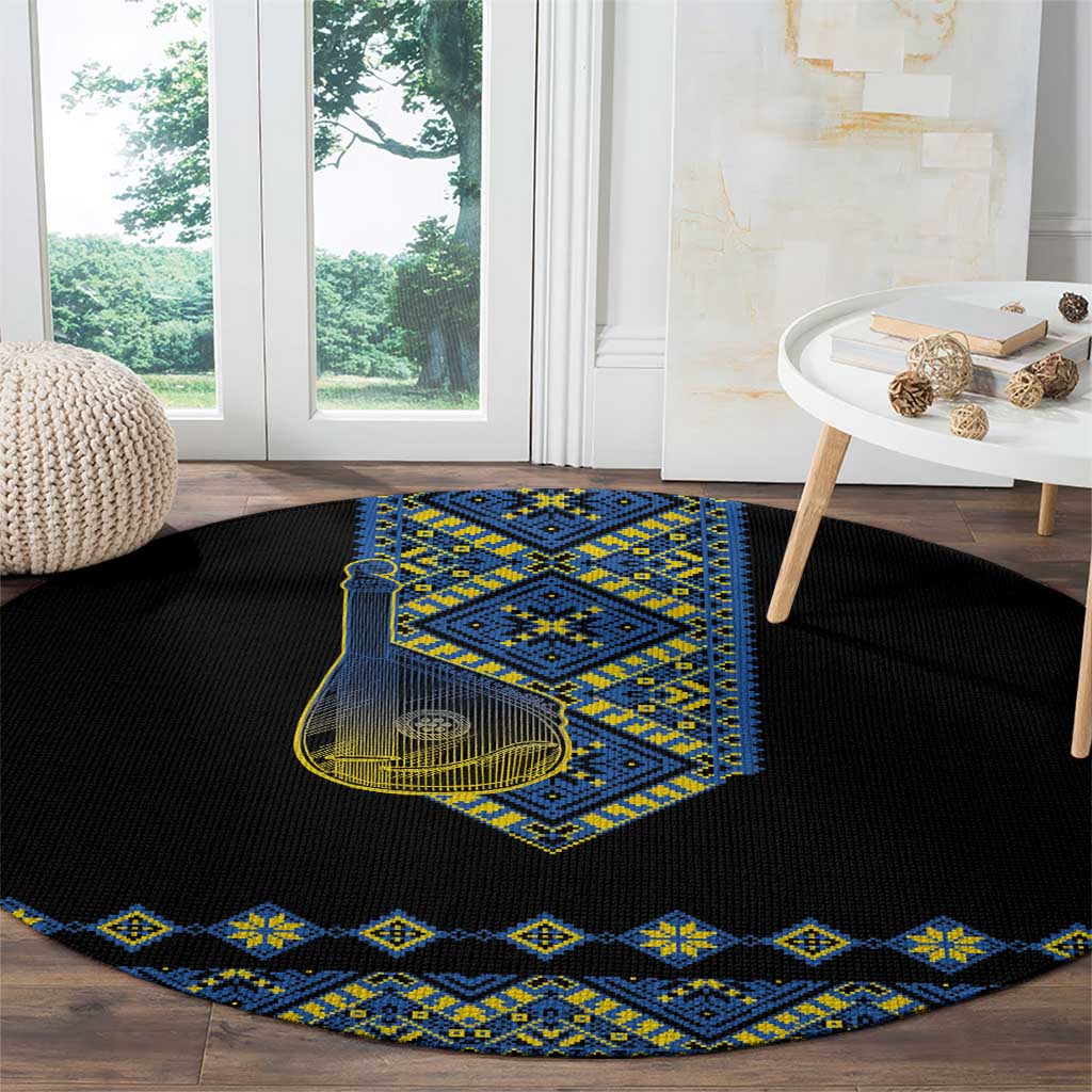 Ukraine Bandura Vyshyvanka Pattern Round Carpet Ukrainian Heritage Folk Black Version - Wonder Print Shop
