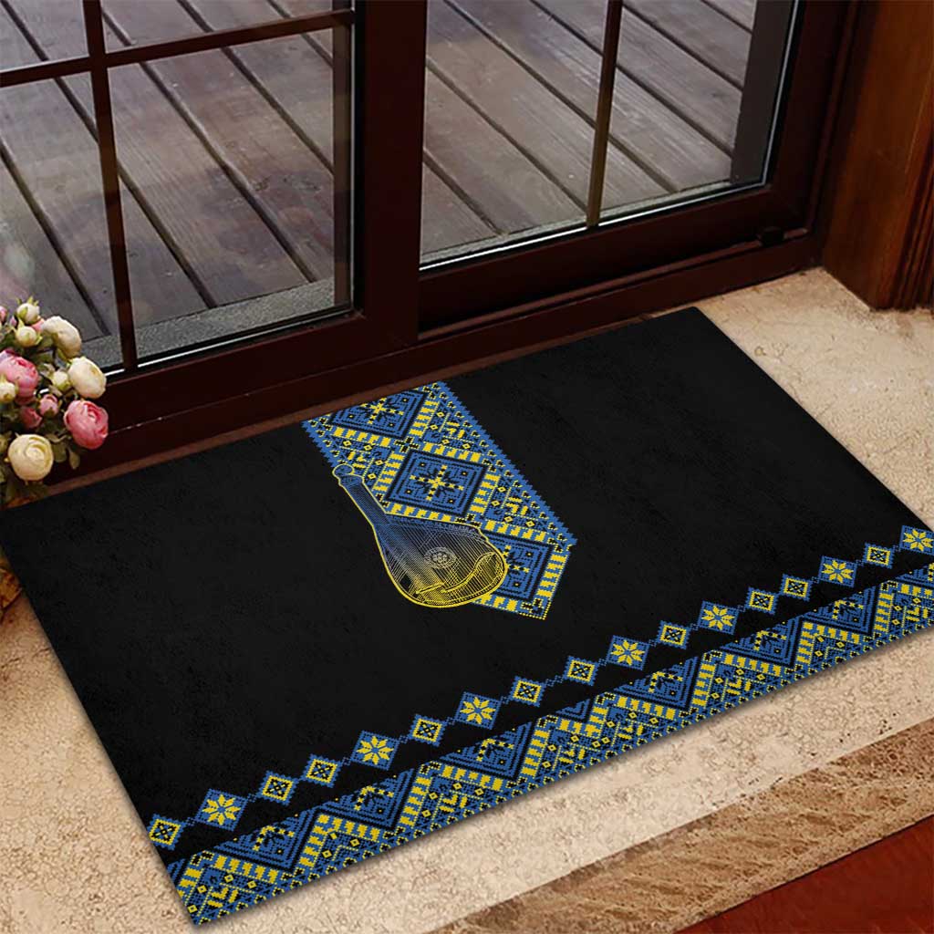 Ukraine Bandura Vyshyvanka Pattern Rubber Doormat Ukrainian Heritage Folk Black Version - Wonder Print Shop