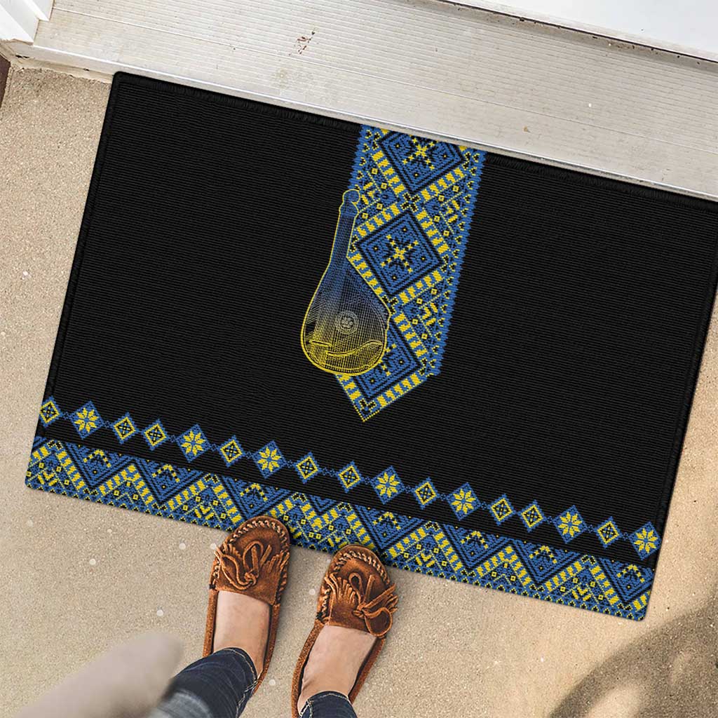 Ukraine Bandura Vyshyvanka Pattern Rubber Doormat Ukrainian Heritage Folk Black Version - Wonder Print Shop