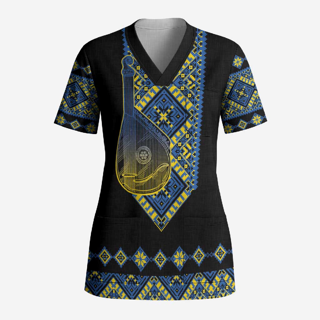 Ukraine Bandura Vyshyvanka Pattern Scrub Top Ukrainian Heritage Folk Black Version - Wonder Print Shop