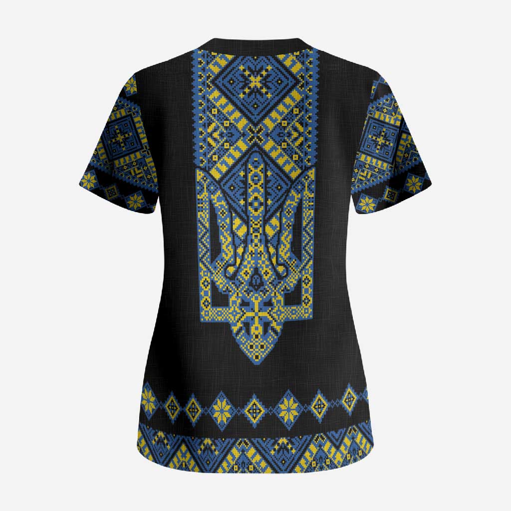 Ukraine Bandura Vyshyvanka Pattern Scrub Top Ukrainian Heritage Folk Black Version - Wonder Print Shop