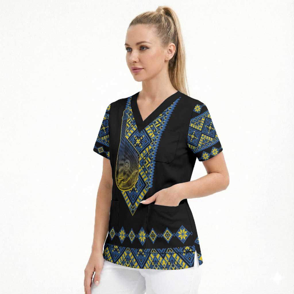 Ukraine Bandura Vyshyvanka Pattern Scrub Top Ukrainian Heritage Folk Black Version - Wonder Print Shop