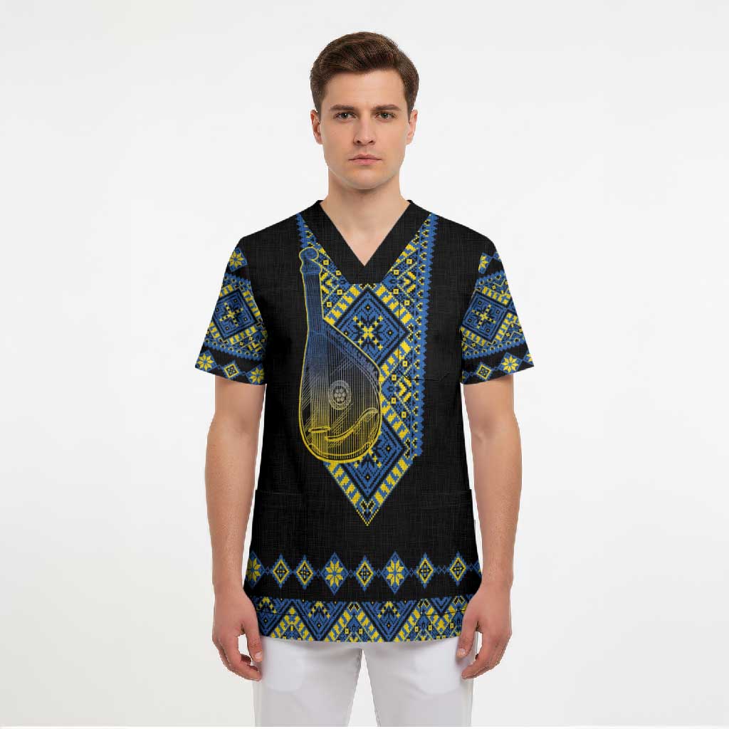 Ukraine Bandura Vyshyvanka Pattern Scrub Top Ukrainian Heritage Folk Black Version - Wonder Print Shop