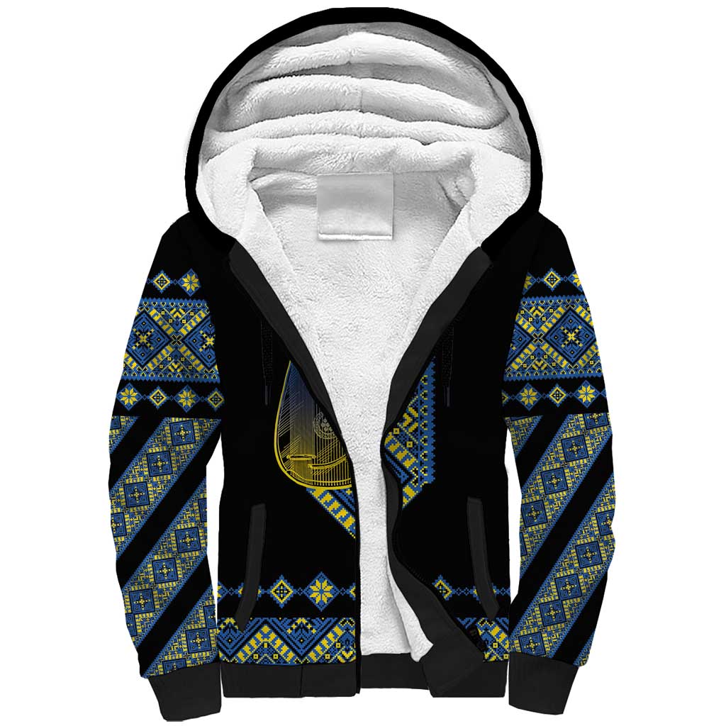 Ukraine Bandura Vyshyvanka Pattern Sherpa Hoodie Ukrainian Heritage Folk Black Version - Wonder Print Shop