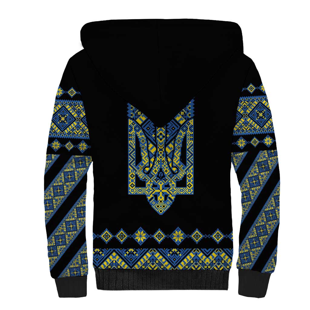 Ukraine Bandura Vyshyvanka Pattern Sherpa Hoodie Ukrainian Heritage Folk Black Version - Wonder Print Shop