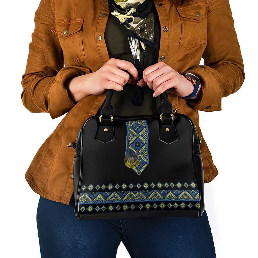 Ukraine Bandura Vyshyvanka Pattern Shoulder Handbag Ukrainian Heritage Folk Black Version - Wonder Print Shop