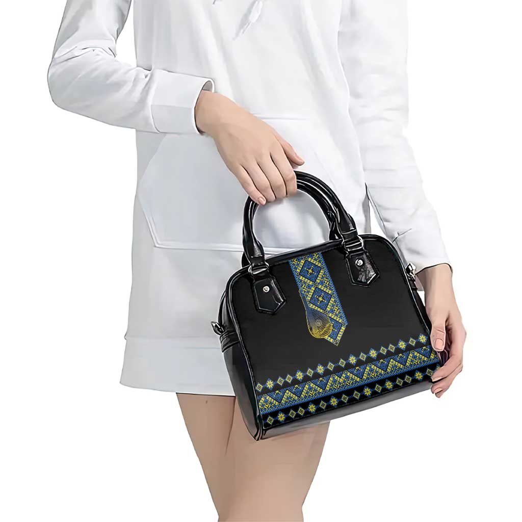 Ukraine Bandura Vyshyvanka Pattern Shoulder Handbag Ukrainian Heritage Folk Black Version - Wonder Print Shop