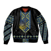 Ukraine Bandura Vyshyvanka Pattern Sleeve Zip Bomber Jacket Ukrainian Heritage Folk Black Version - Wonder Print Shop