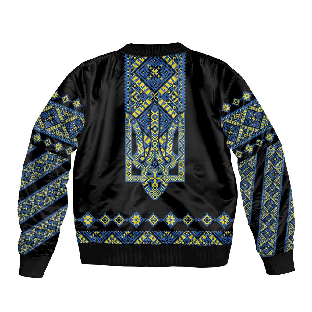 Ukraine Bandura Vyshyvanka Pattern Sleeve Zip Bomber Jacket Ukrainian Heritage Folk Black Version - Wonder Print Shop