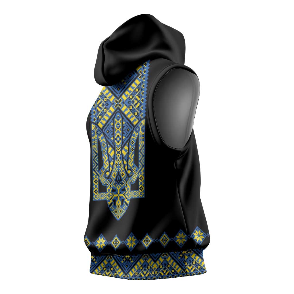 Ukraine Bandura Vyshyvanka Pattern Sleeveless Hoodie Ukrainian Heritage Folk Black Version - Wonder Print Shop
