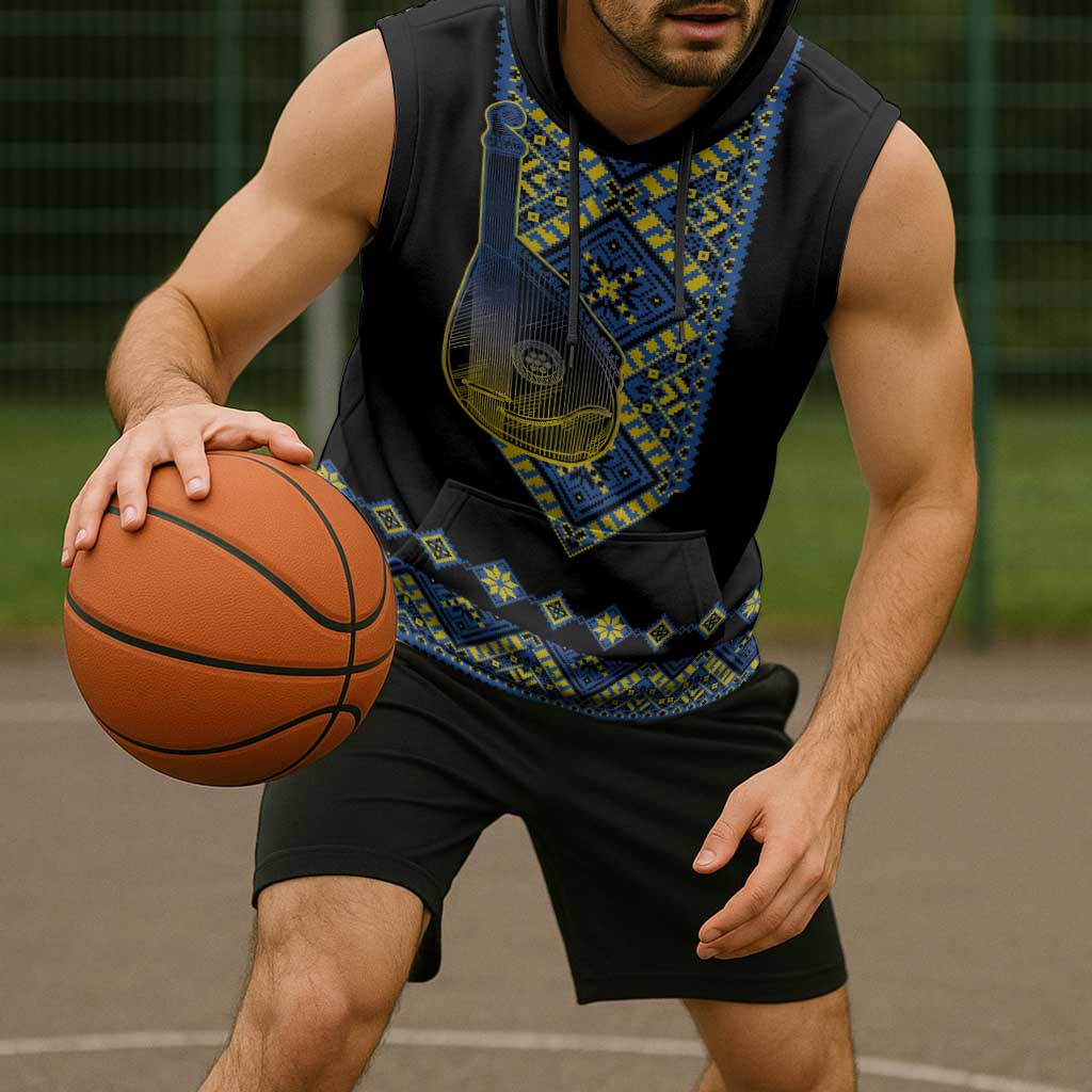 Ukraine Bandura Vyshyvanka Pattern Sleeveless Hoodie Ukrainian Heritage Folk Black Version - Wonder Print Shop