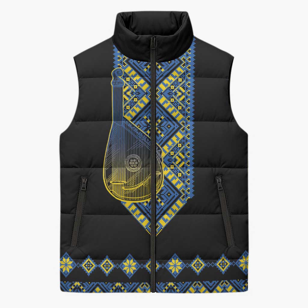 Ukraine Bandura Vyshyvanka Pattern Sleeveless Puffer Jacket Ukrainian Heritage Folk Black Version - Wonder Print Shop
