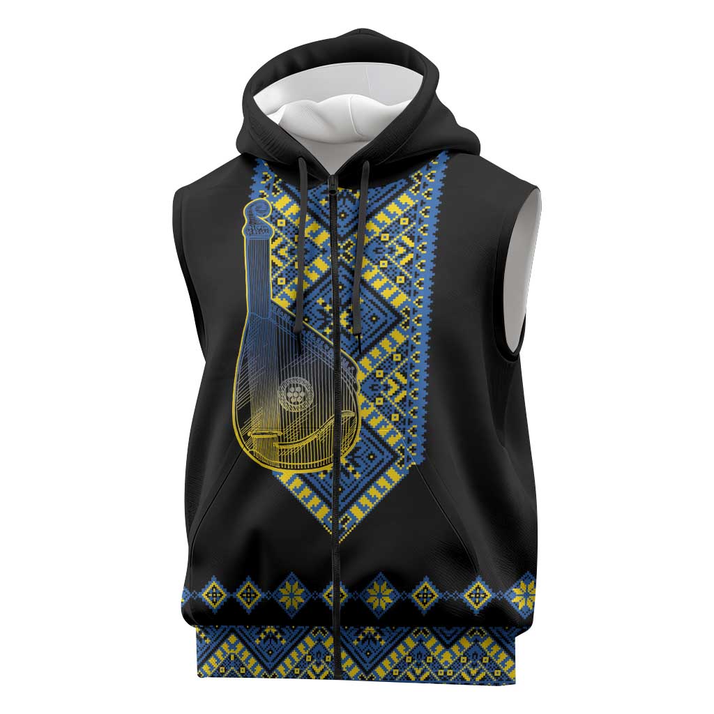 Ukraine Bandura Vyshyvanka Pattern Sleeveless Zip Hoodie Ukrainian Heritage Folk Black Version - Wonder Print Shop