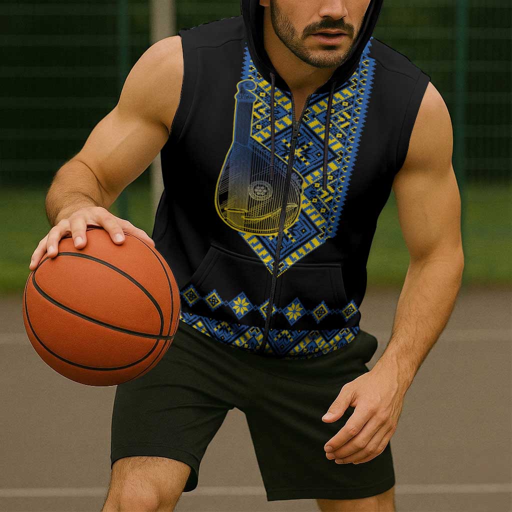 Ukraine Bandura Vyshyvanka Pattern Sleeveless Zip Hoodie Ukrainian Heritage Folk Black Version - Wonder Print Shop