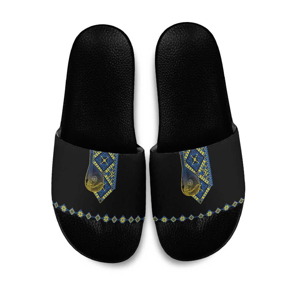 Ukraine Bandura Vyshyvanka Pattern Slide Sandals Ukrainian Heritage Folk Black Version - Wonder Print Shop