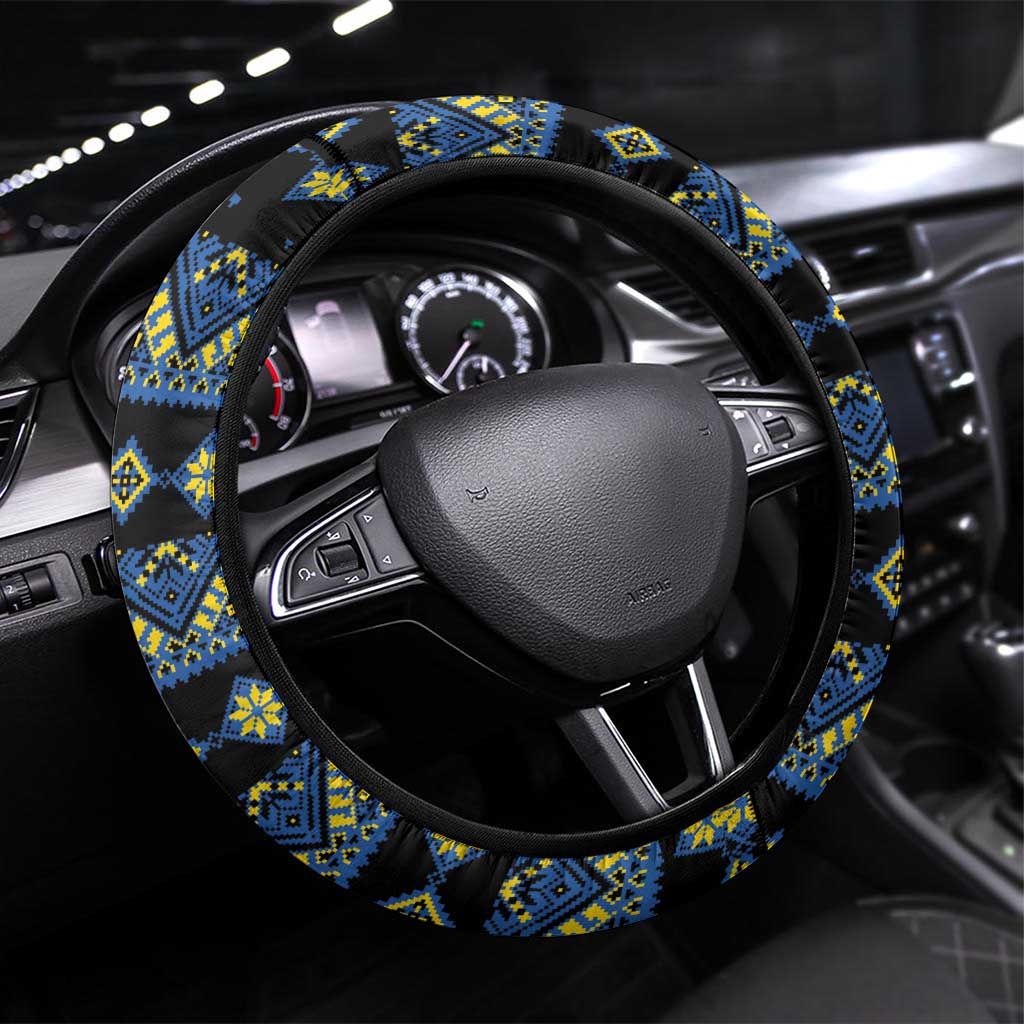 Ukraine Bandura Vyshyvanka Pattern Steering Wheel Cover Ukrainian Heritage Folk Black Version - Wonder Print Shop