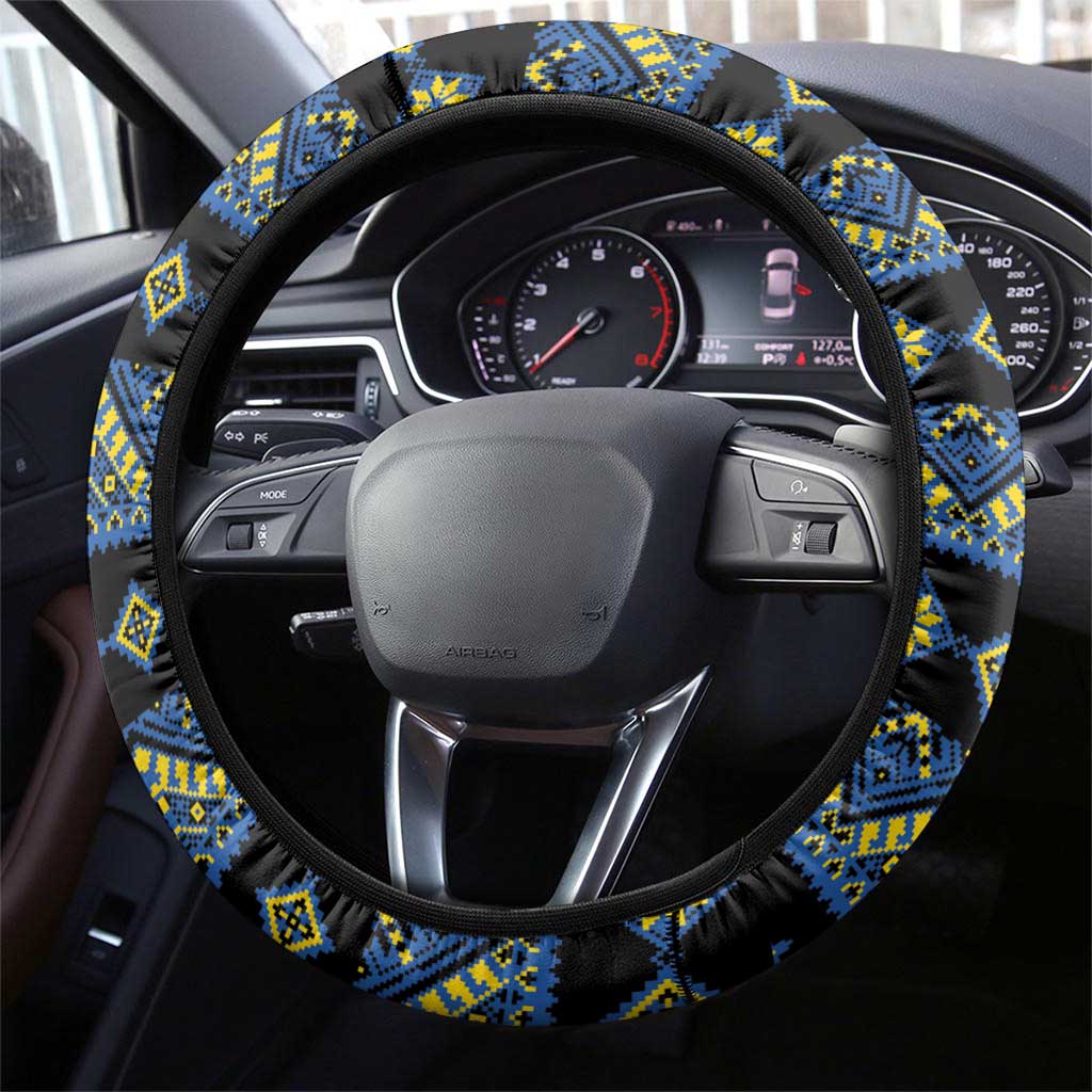 Ukraine Bandura Vyshyvanka Pattern Steering Wheel Cover Ukrainian Heritage Folk Black Version - Wonder Print Shop