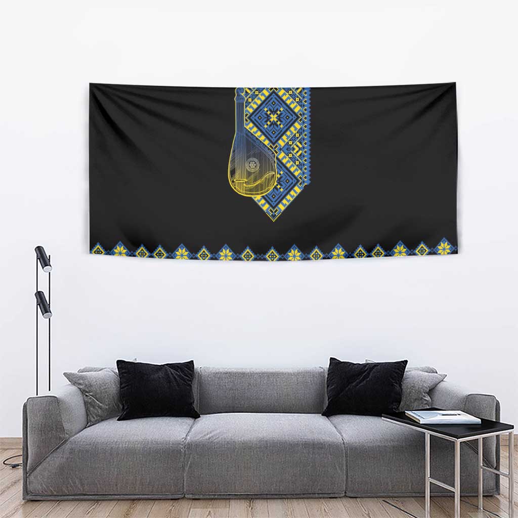 Ukraine Bandura Vyshyvanka Pattern Tapestry Ukrainian Heritage Folk Black Version - Wonder Print Shop