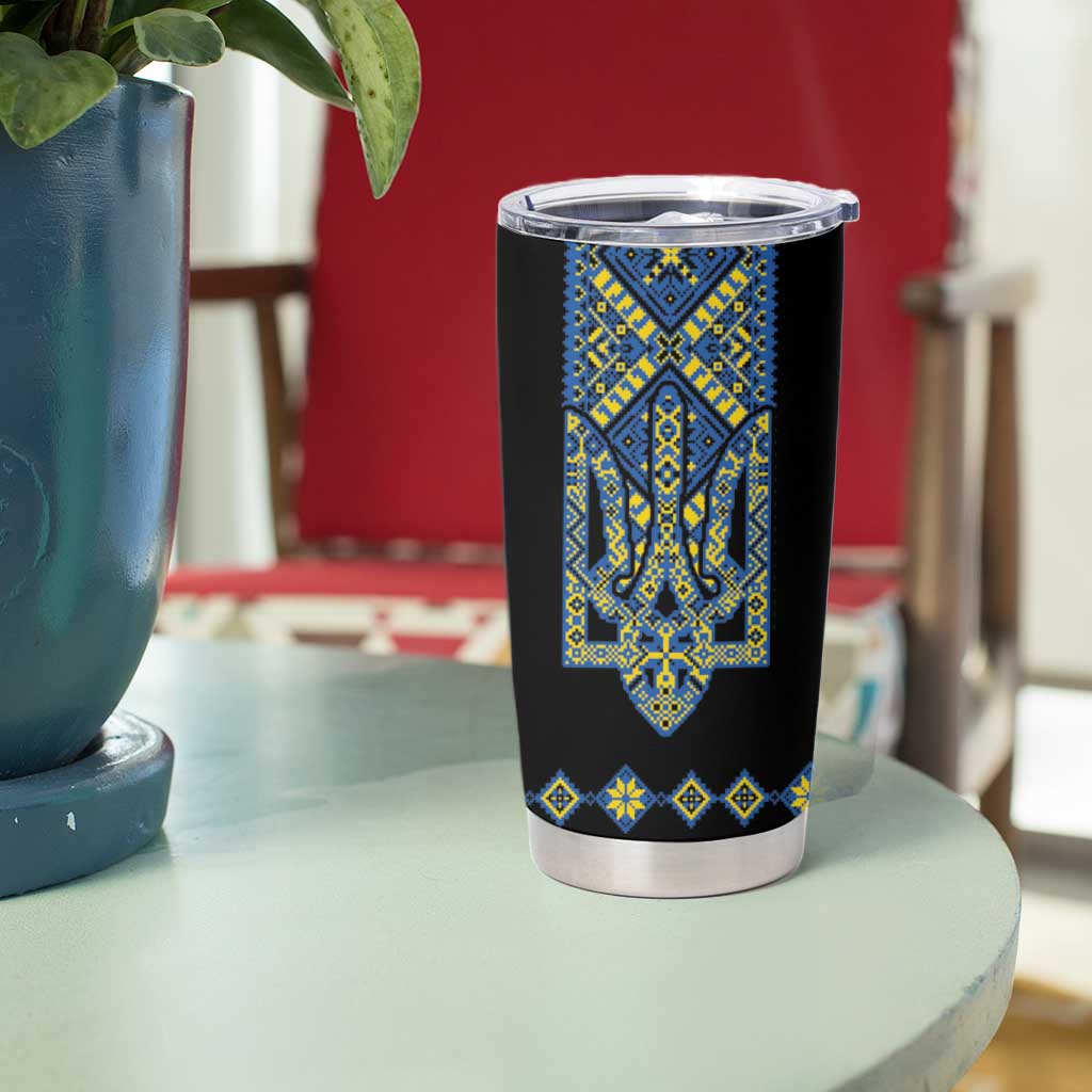 Ukraine Bandura Vyshyvanka Pattern Tumbler Cup Ukrainian Heritage Folk Black Version - Wonder Print Shop