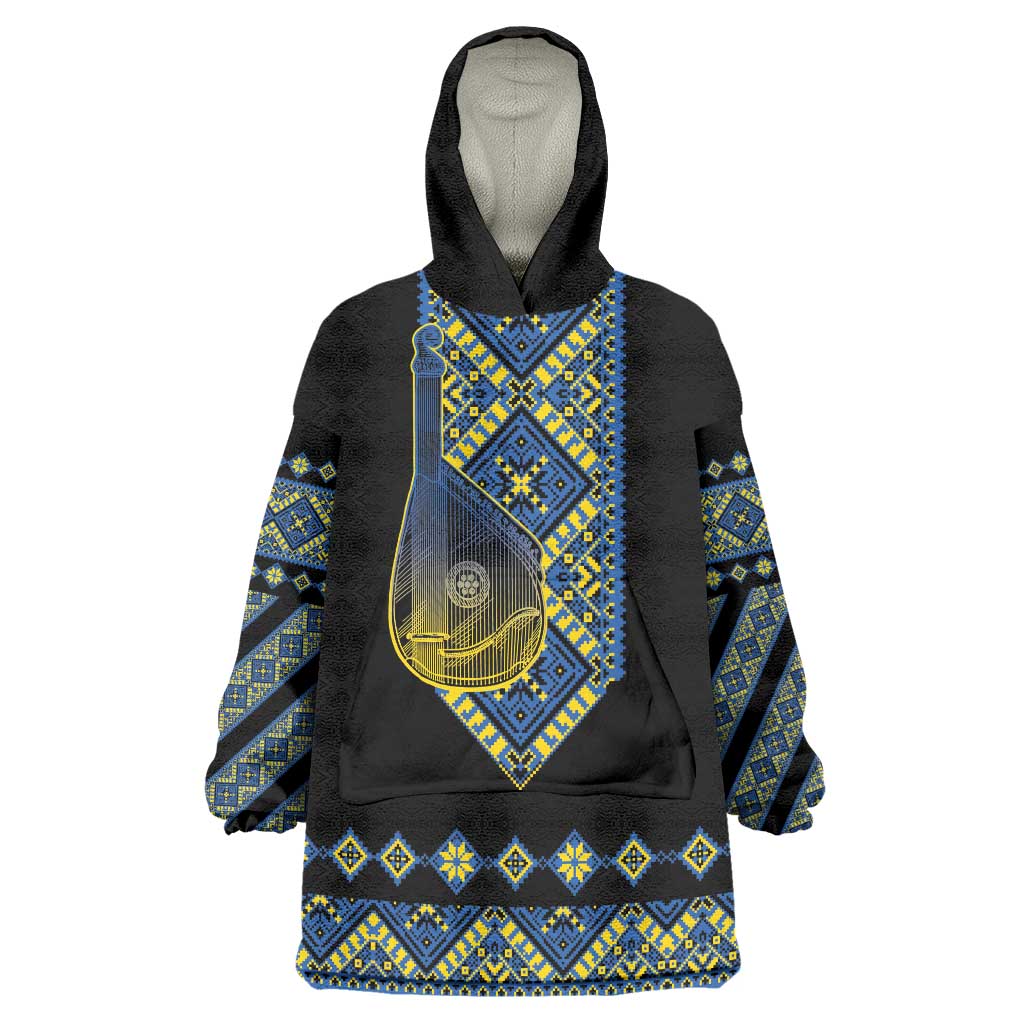 Ukraine Bandura Vyshyvanka Pattern Wearable Blanket Hoodie Ukrainian Heritage Folk Black Version - Wonder Print Shop
