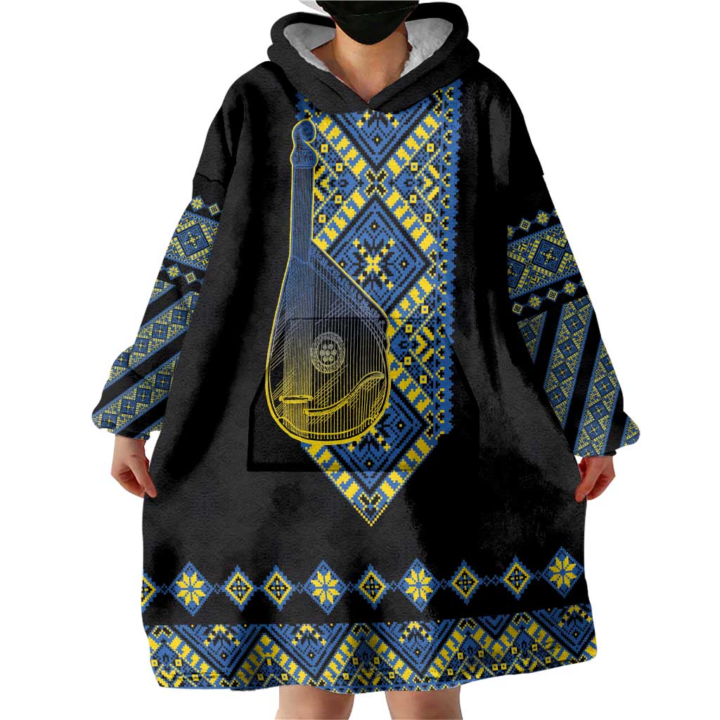 Ukraine Bandura Vyshyvanka Pattern Wearable Blanket Hoodie Ukrainian Heritage Folk Black Version - Wonder Print Shop