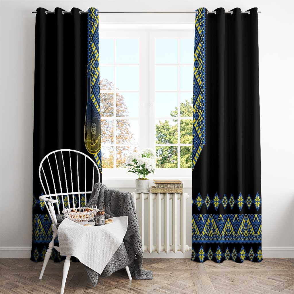 Ukraine Bandura Vyshyvanka Pattern Window Curtain Ukrainian Heritage Folk Black Version - Wonder Print Shop