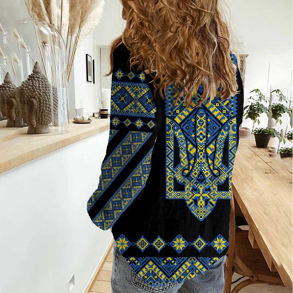 Ukraine Bandura Vyshyvanka Pattern Women Casual Shirt Ukrainian Heritage Folk Black Version - Wonder Print Shop