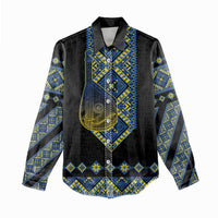Ukraine Bandura Vyshyvanka Pattern Women Casual Shirt Ukrainian Heritage Folk Black Version - Wonder Print Shop