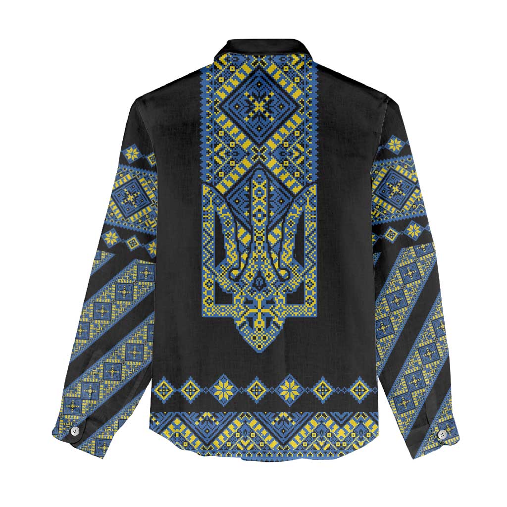 Ukraine Bandura Vyshyvanka Pattern Women Casual Shirt Ukrainian Heritage Folk Black Version - Wonder Print Shop