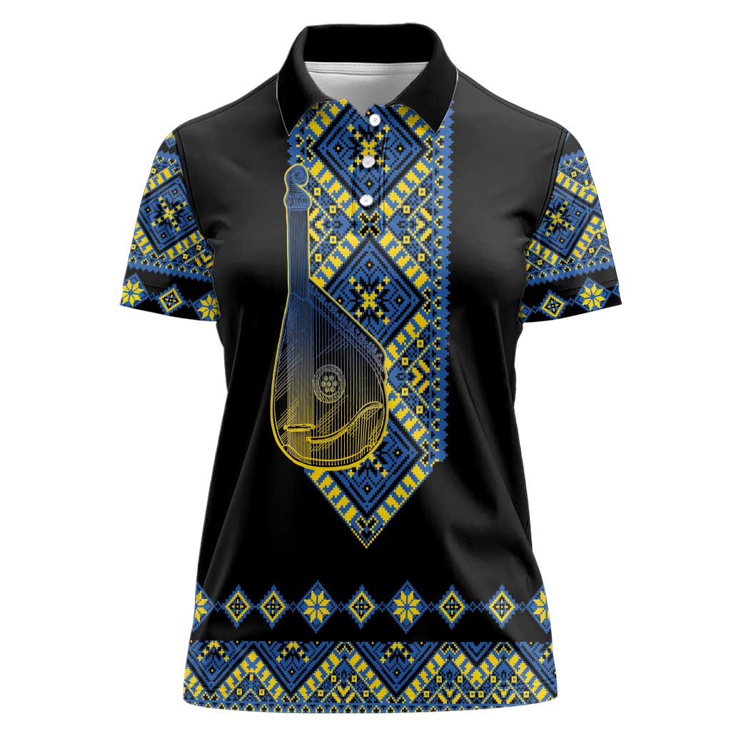 Ukraine Bandura Vyshyvanka Pattern Women Polo Shirt Ukrainian Heritage Folk Black Version - Wonder Print Shop